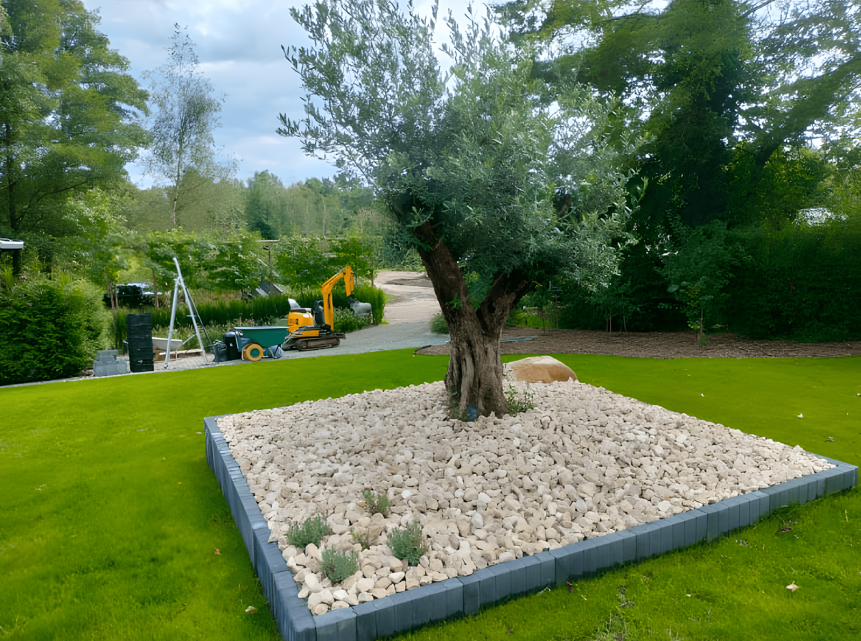 Close-up van perfect onderhouden gazon met modern gebouw